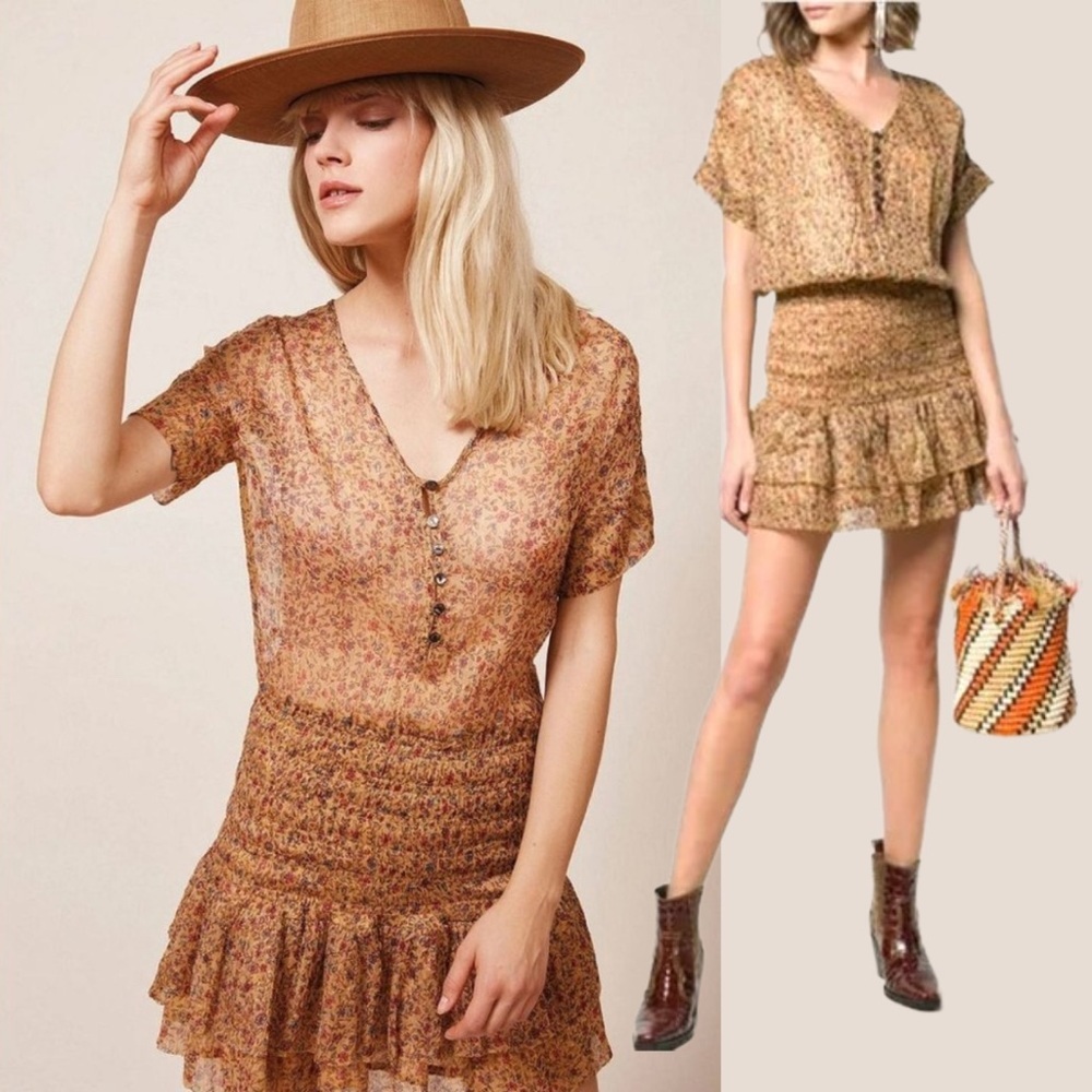 Mes Demoiselles Revolve Ambroisie Mini Dress Floral Boho Metallic Tan Ruffle 4